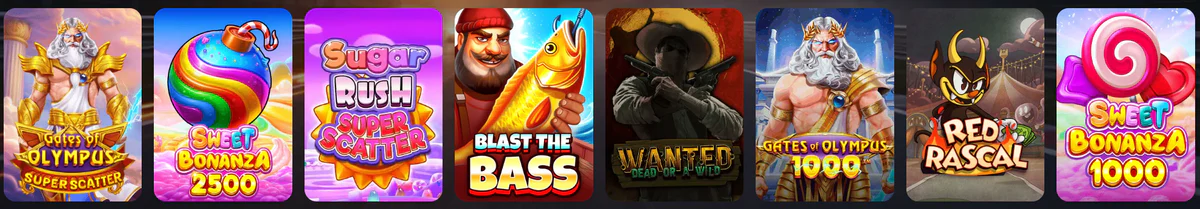 7Gear Casino top slot games featuring Gates of Olympus, Sweet Bonanza, Sugar Rush, Blast the Bass, Wanted Dead or a Wild and Red Rascal